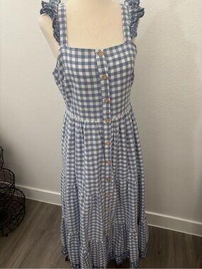 Blue Gingham Maxi Dress Adorable Ruffle Straps  Size 8 Final Sale